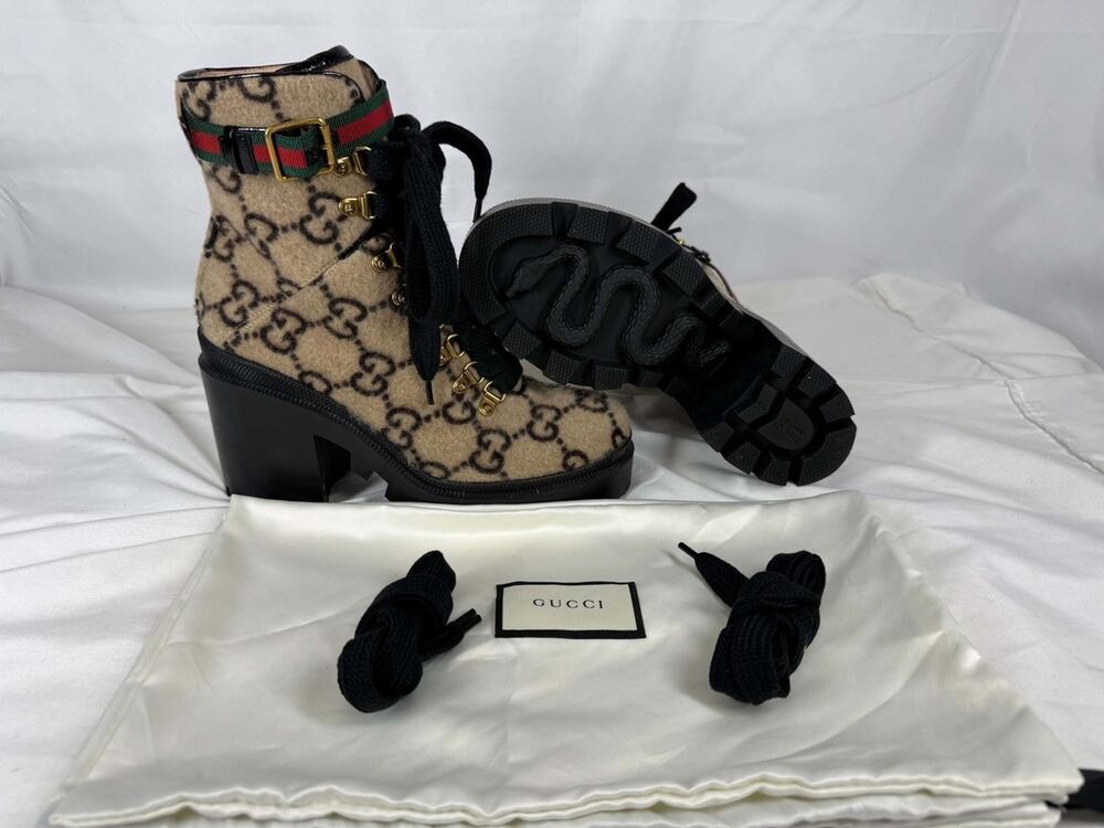 Women's Size 8.5 Gucci Web Accent Wool Combat Boots SPB-JB 371720